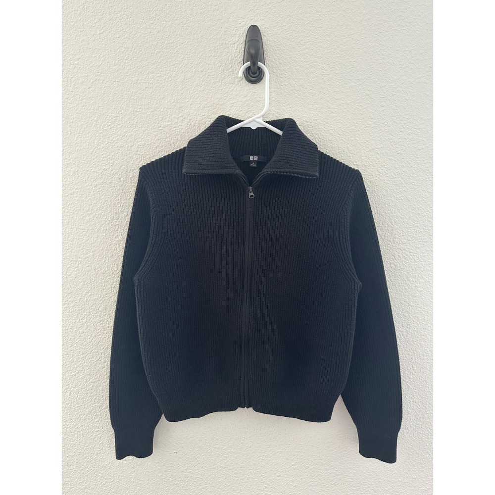 Uniqlo Full Zip Cardigan Black Ribbed Knit Mock Neck Sweater Minimalist M